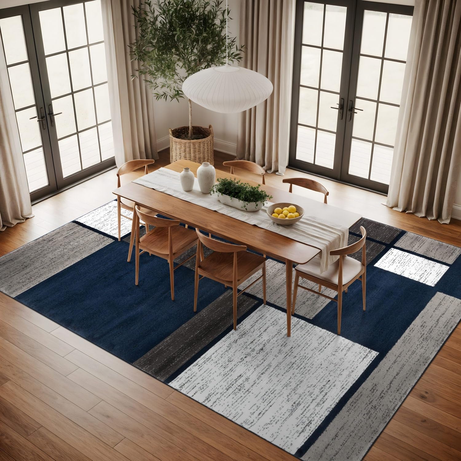 Geometric Boxes Modern Large Fade-Resistant Area Rug Navy 10' X 14'