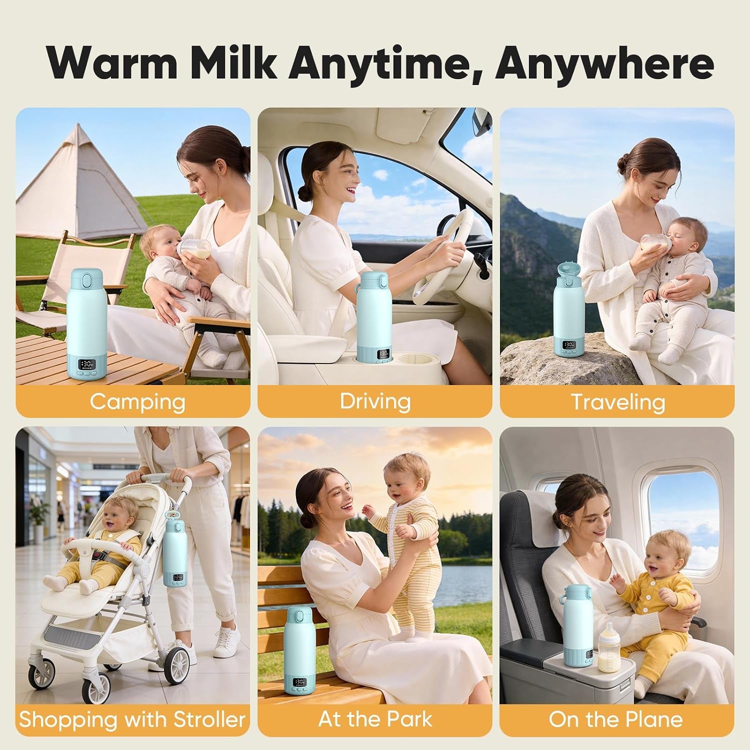 Portable Bottle Warmer for Travel, Fast Heating Milk Warmer on the Go, 17 OZ Water Warmer for Milk, Formula, Water, Temp Control 98°F -131°F, Baby Essentials for Outdoor Airplane Car Journey