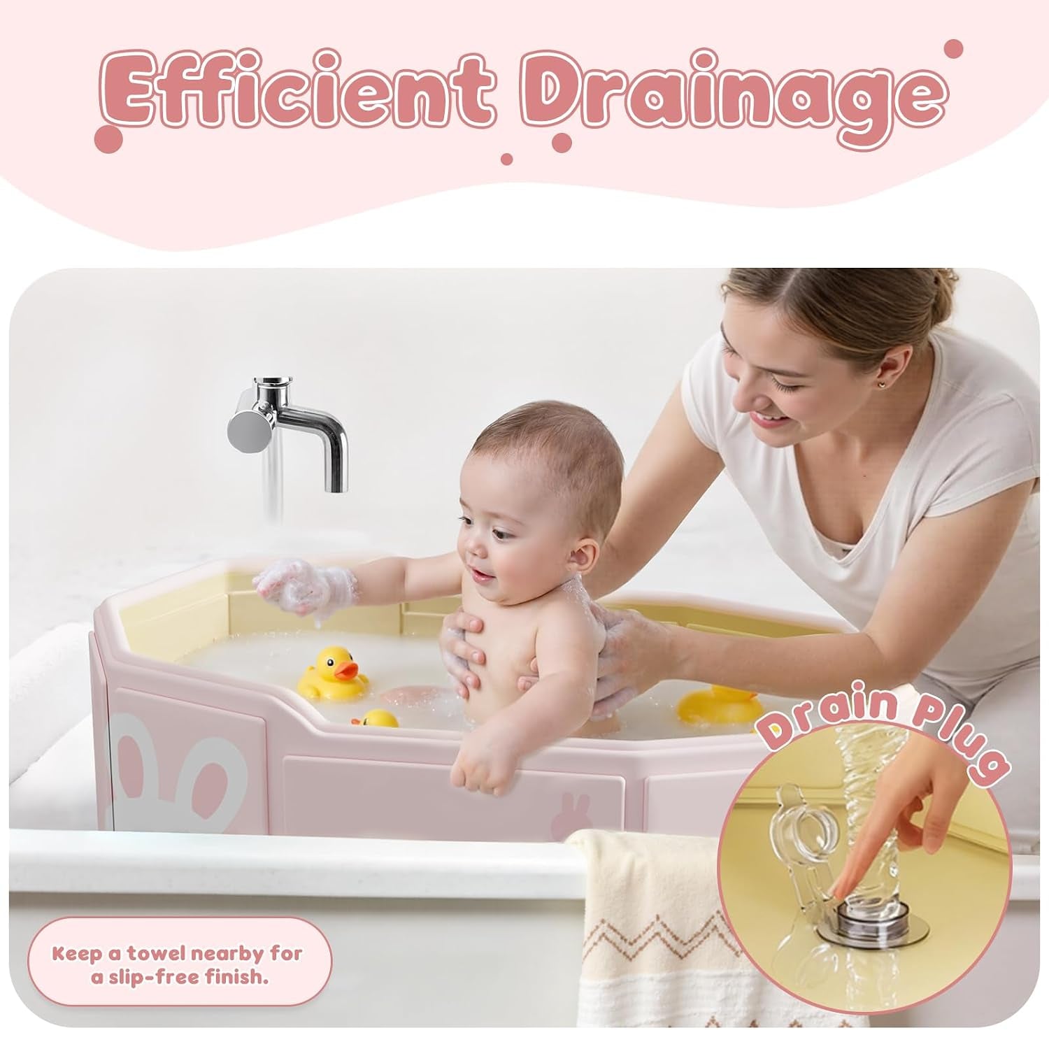 Foldable Baby Bath, Collapsible Baby Bathtub 3M-8Y, Portable Travel Baby Bath Tub with Non-Slip Base, Pop up Folding Newborn Toddler Shower Tub, Space Saving, Pink