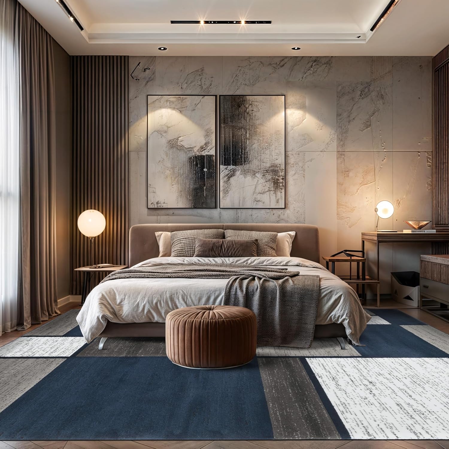 Geometric Boxes Modern Large Fade-Resistant Area Rug Navy 10' X 14'