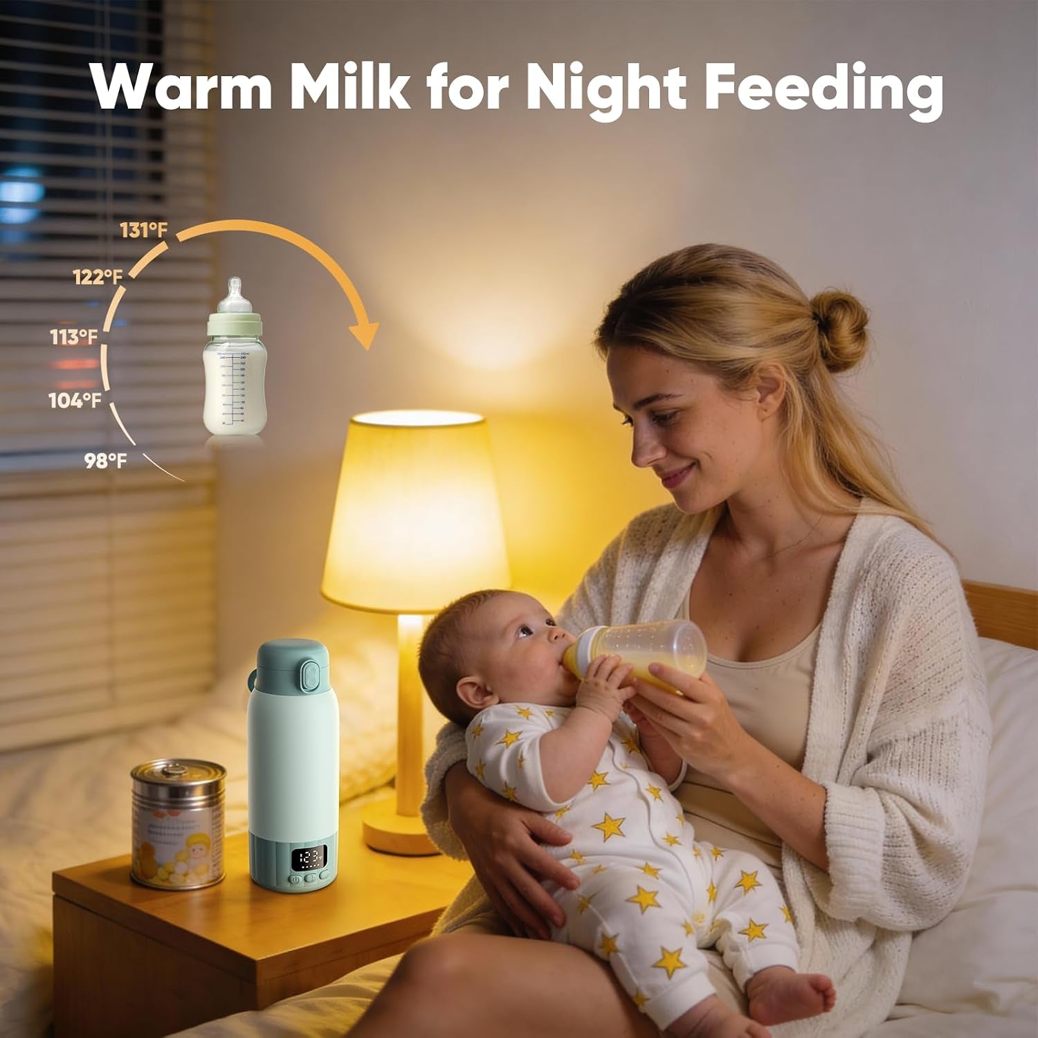 Portable Bottle Warmer for Travel, Fast Heating Milk Warmer on the Go, 17 OZ Water Warmer for Milk, Formula, Water, Temp Control 98°F -131°F, Baby Essentials for Outdoor Airplane Car Journey