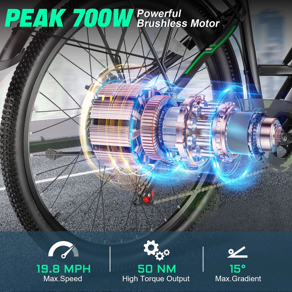 UL2849 Certified 26" Electric Bike for Adults, 750W Peak Motor, 48V 7.8Ah Battery, 19.8 Mph 7-Speed Commuter Ebike with Disc Brakes