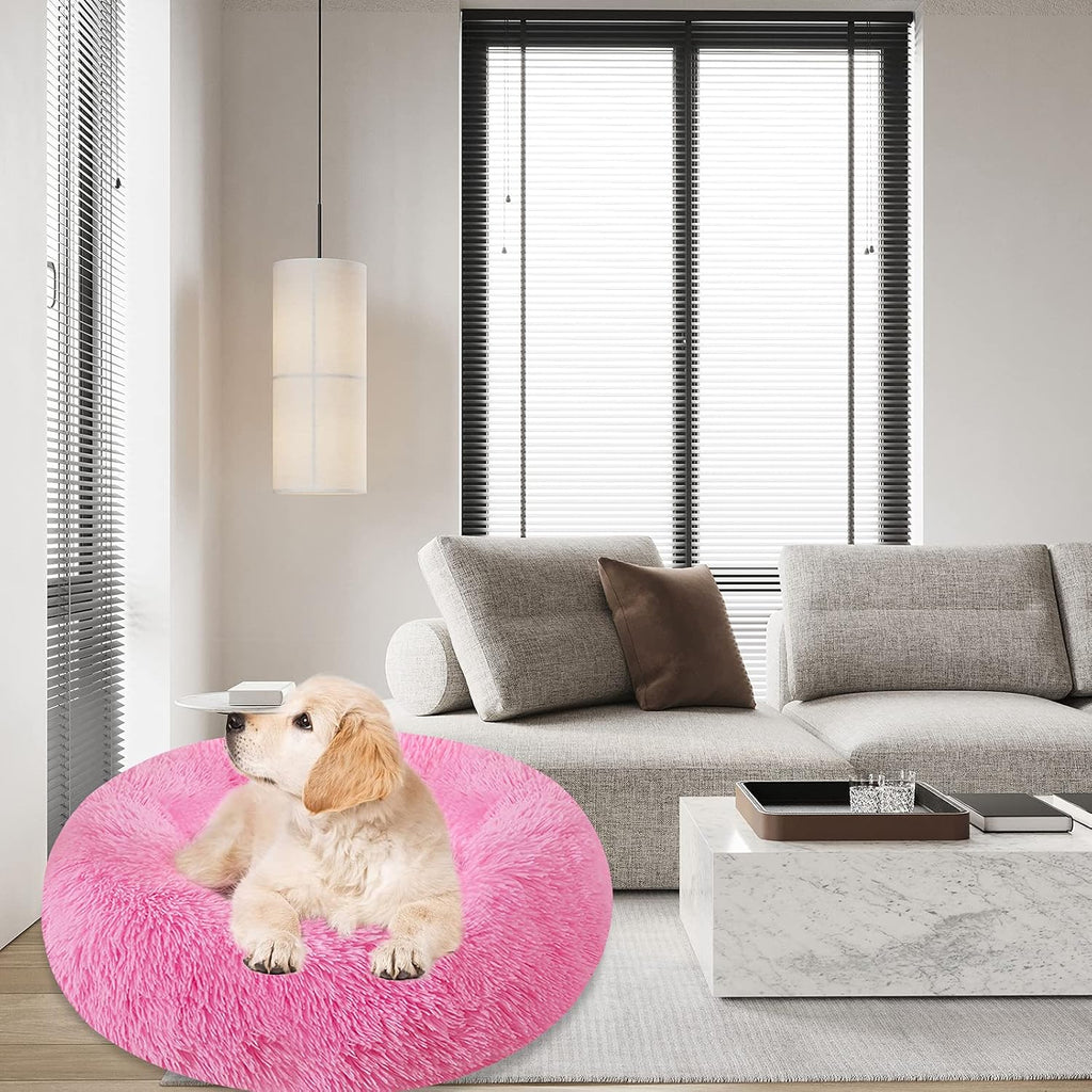 Dog Bed & Cat Bed, Calming Anti-Anxiety Donut Dog Cuddler Bed, Machine Washable round Pet Bed, Comfy Faux Fur Plush Dog Cat Bed for Small Medium Large Dogs and Cats (30" X 30", Pink)