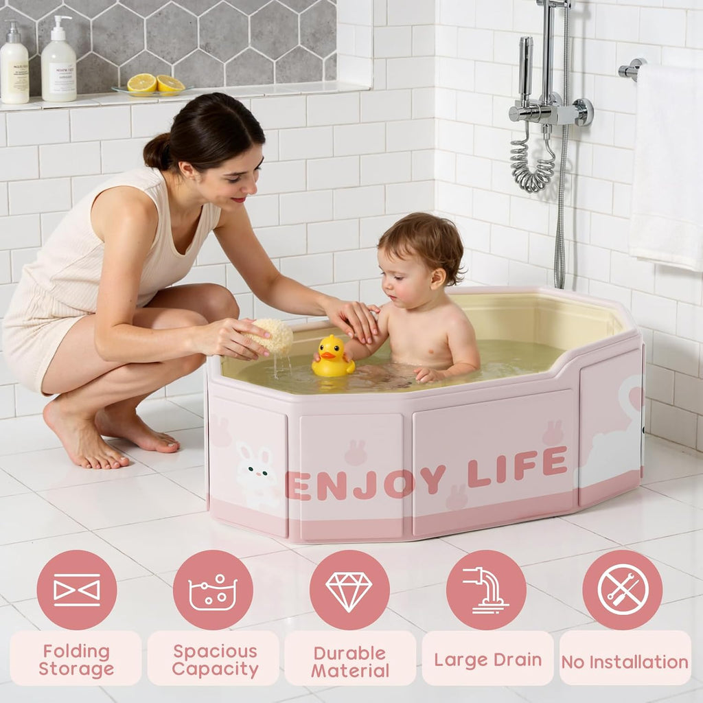 Foldable Baby Bath, Collapsible Baby Bathtub 3M-8Y, Portable Travel Baby Bath Tub with Non-Slip Base, Pop up Folding Newborn Toddler Shower Tub, Space Saving, Pink