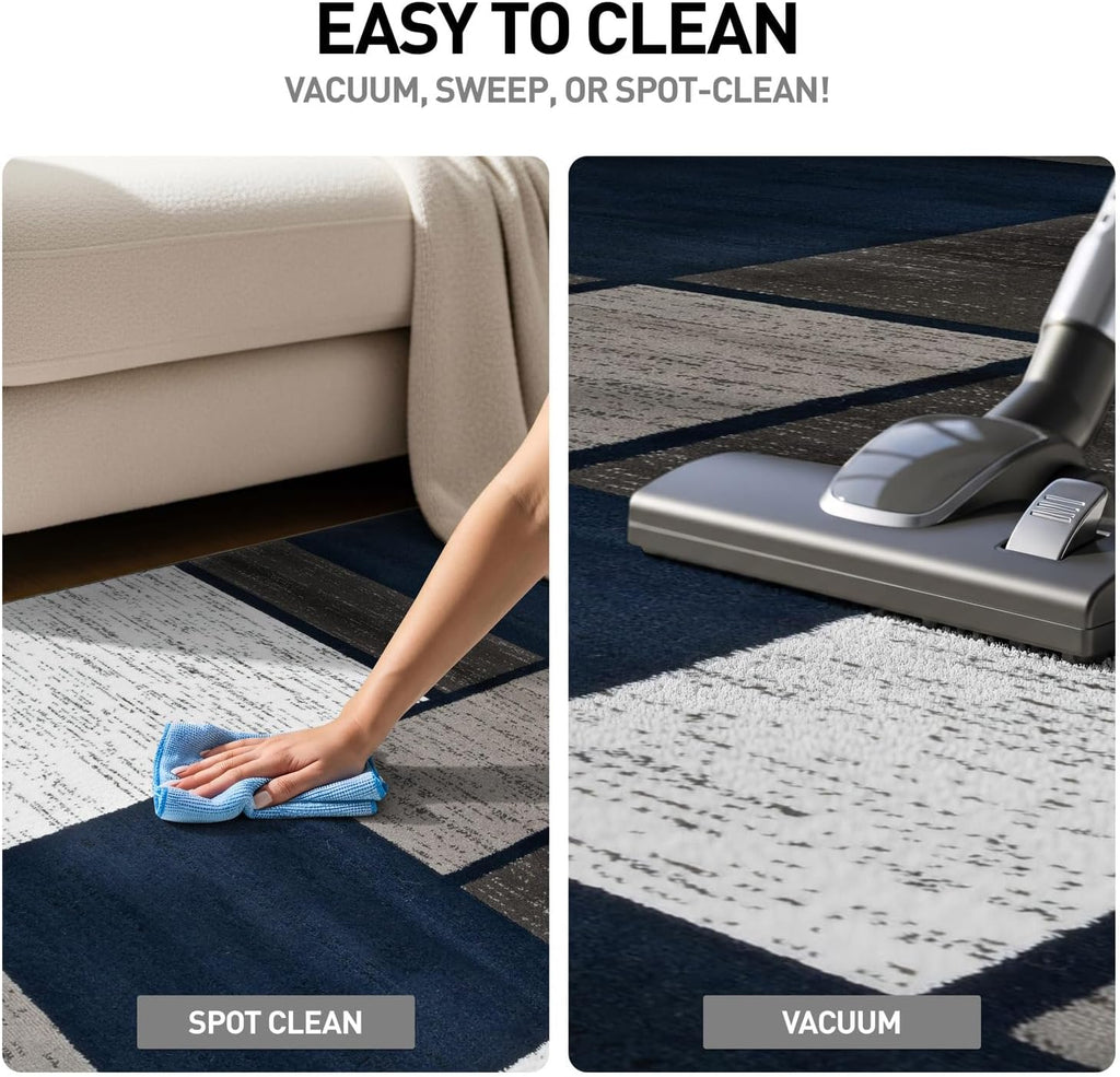 Geometric Boxes Modern Large Fade-Resistant Area Rug Navy 10' X 14'