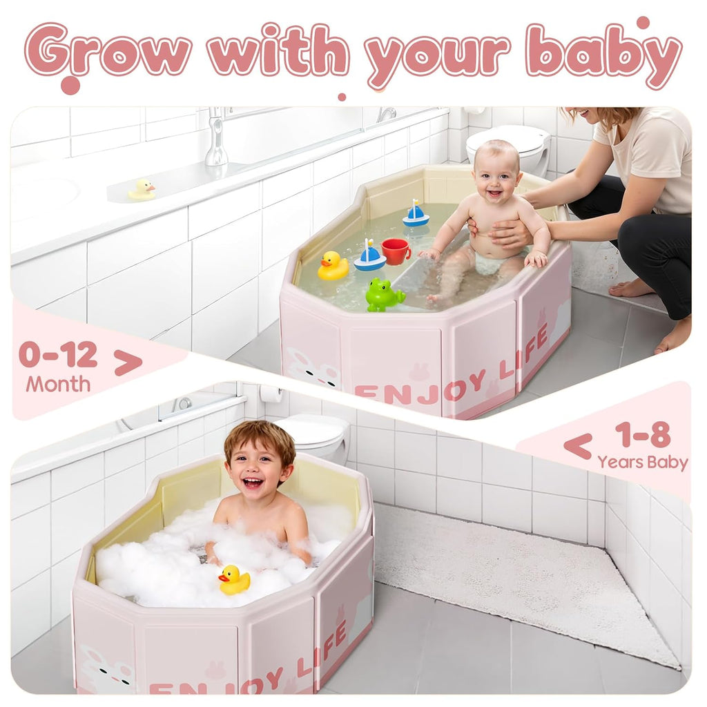 Foldable Baby Bath, Collapsible Baby Bathtub 3M-8Y, Portable Travel Baby Bath Tub with Non-Slip Base, Pop up Folding Newborn Toddler Shower Tub, Space Saving, Pink