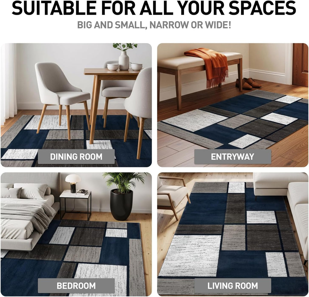 Geometric Boxes Modern Large Fade-Resistant Area Rug Navy 10' X 14'