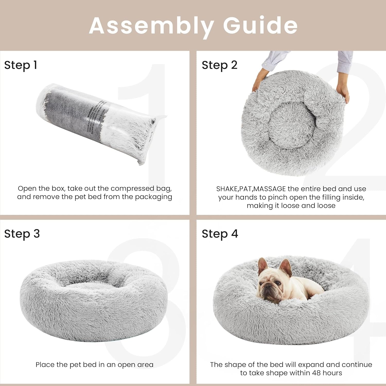 Calming Cat Bed for Indoor Cats, Anti-Anxiety Donut round Dog Bed,Fluffy Faux Fur Washable Pet Bed for Small Medium Dogs and Cats, Grey, 24In