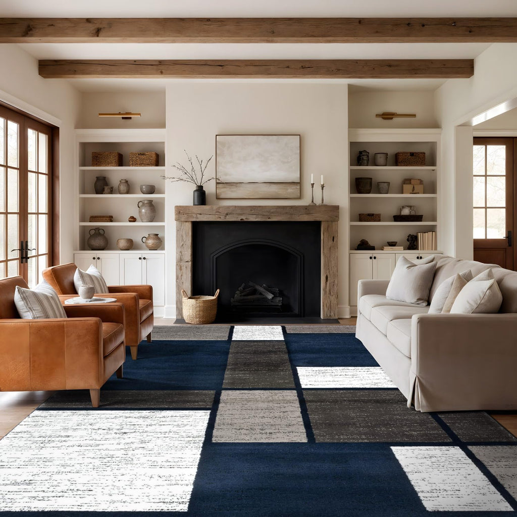 Geometric Boxes Modern Large Fade-Resistant Area Rug Navy 10' X 14'